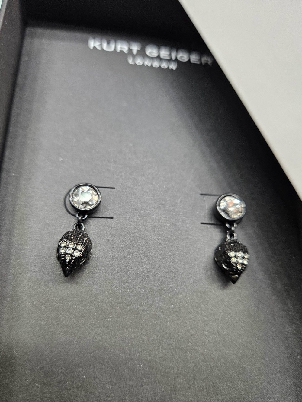 Kurt Geiger Black Crystal Drop Eagle Earrings with Clear Stones - Picture 2 of 5
